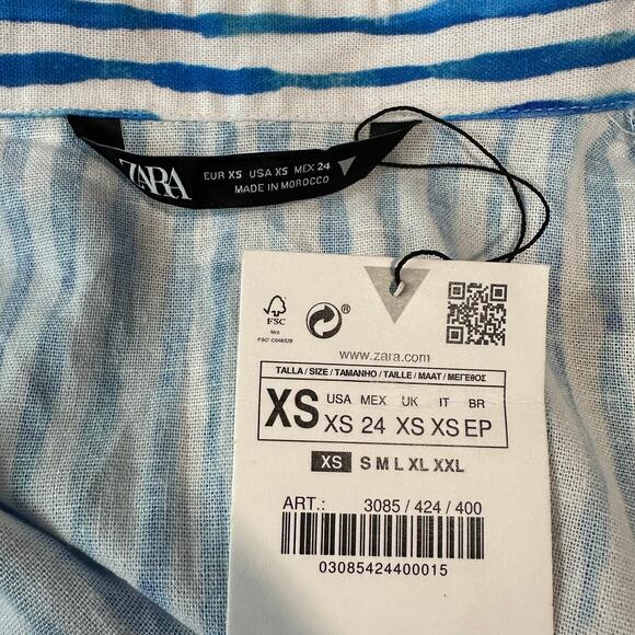 ZARA Striped Knot Cut Out Mini Dress Linen Blend Long Sleeve Blue/ White NWT - Picture 11 of 14